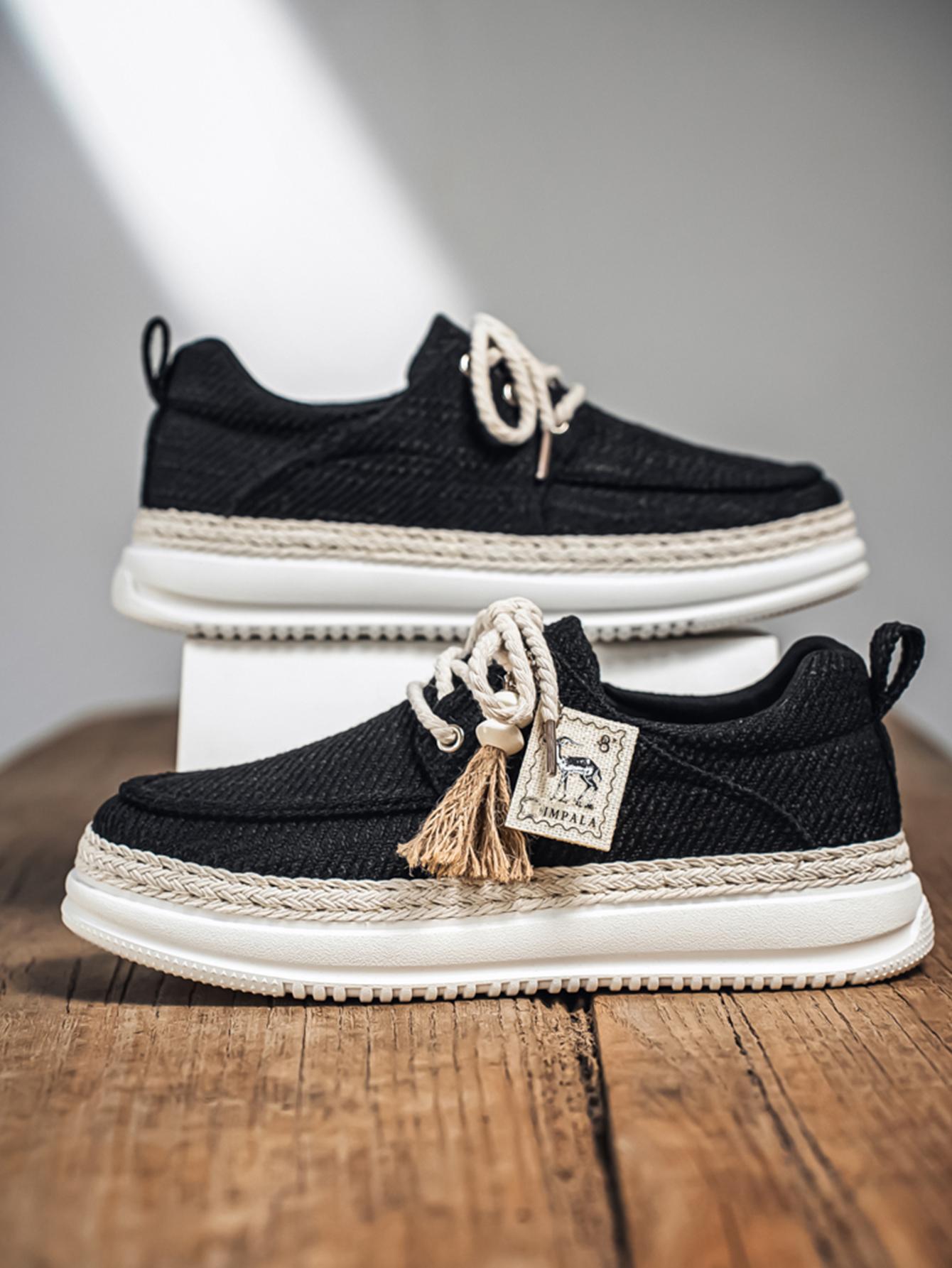 New Summer Men's Cotton Linen Shoes, Breathable Non-Stuffy, Straw Trim Fringe Design, Casual Retro Style, Perfect for Daily Wear