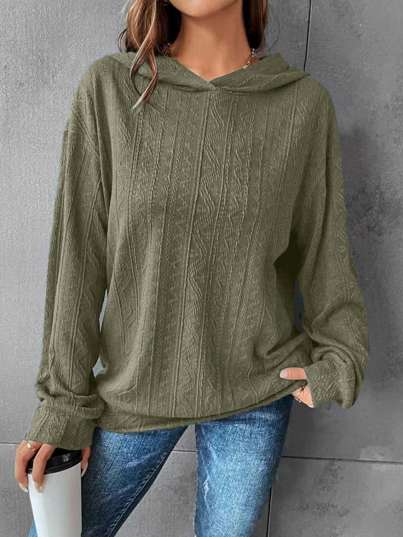 Plus Size Solid Color Hoodie Casual Long-Sleeve Hooded Sweatshirt, Casual Hooded Sweatshirts, Y2K Summer Daily Wear, Comfortable Relaxed Fit, Textured Knit Detail, Party Casual Wear