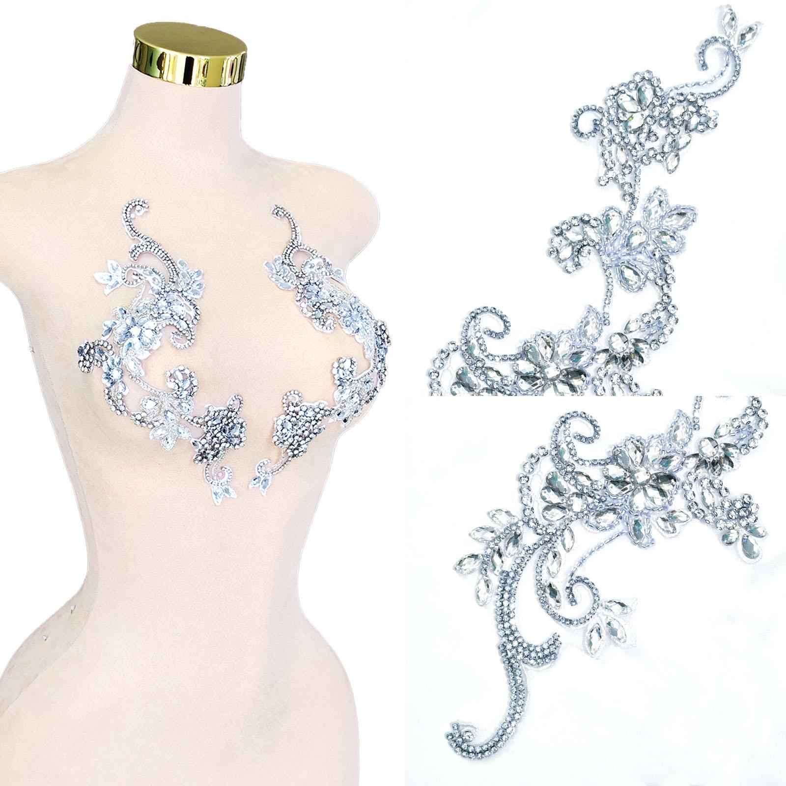 Handmade Pink Crystal Beaded Applique Floral Rhinestone Patch Pair for Dress Decoration Bridal Gowns DIY Embellishment