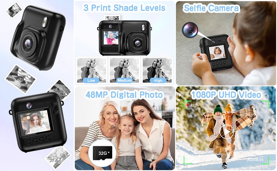 Camkory Instant Camera for Kids - 48MP Dual-Lens, 1080P Video, Selfie & Instant Print, Toddler Digital Camera Toy for Boys & Girls Age 3-12, Christmas Birthday Gift (Black)