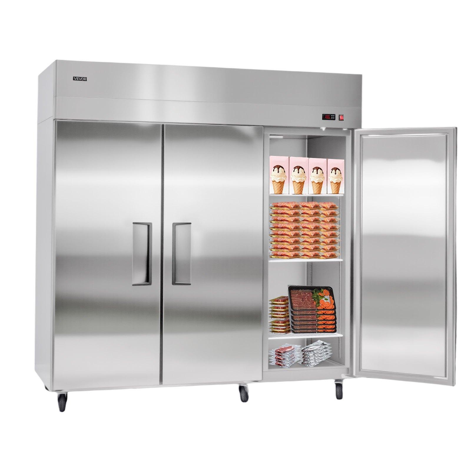VEVOR Commercial Freezer, 71.65 in Width Reach In Upright-Freezer Three Door, 50.2 Cu. ft Auto-Defrost Stainless Steel Freezer with 12 Adjustable Shelves, -11 to 14 Temp Control, LED Light, 4 Wheels