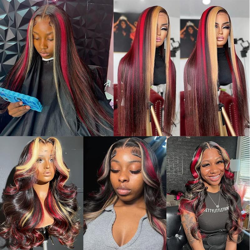 Multi Highlight Red with Blonde Wig Human Hair Burgundy 13x4 Lace Front Wig