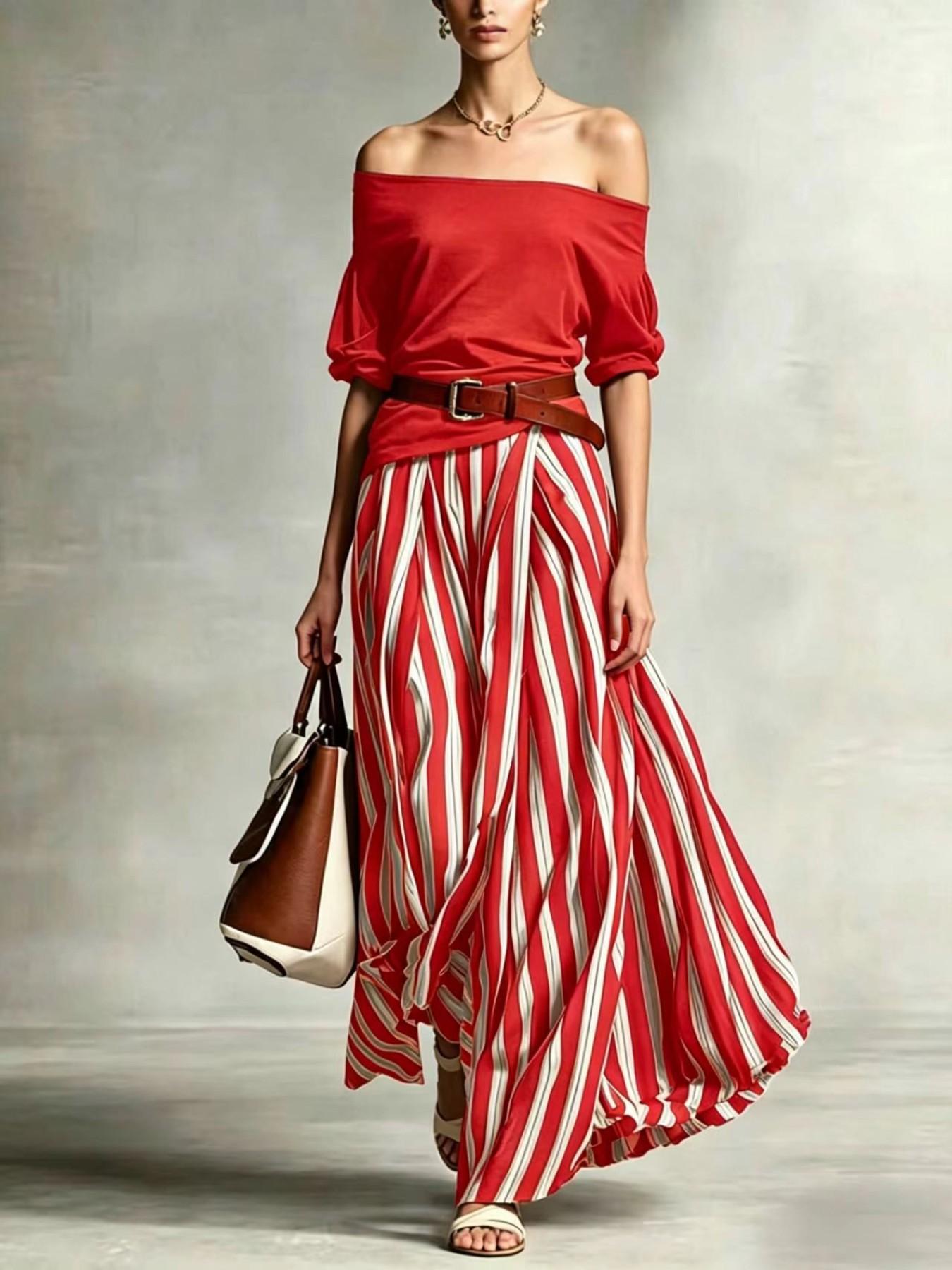 Women's 2 Piece Boho Off Shoulder T Shirt and Striped Maxi Skirt Outfit, Casual Vacation Matching Set, Summer Beach Resort Wear