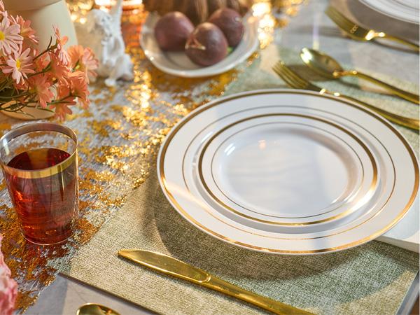 Kerilyn 350/700 Pieces Gold Dinnerware Set - 100 Guests Clear Disposable Dinnerware Set for Party, Wedding, Include: 200 Clear Plates with Gold Trim, 100 Cups, 100 Napkins, 100 Plastic Silverware Sets