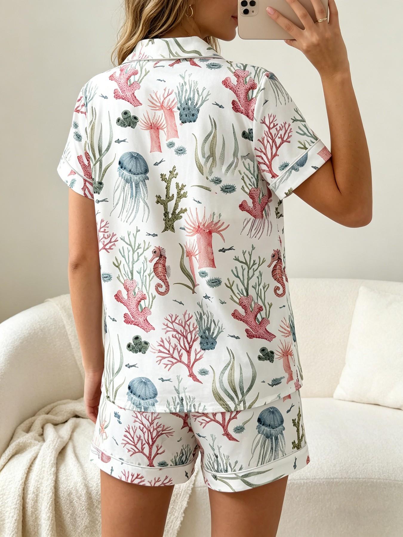 Women's Short Sleeve Button Down Top and Shorts Pajama Set, Spring Summer Wear, For American Retro Vacation Girls, White Base Vintage Ocean Print, Classic Lapel Collar, Loose Straight Fit, Comfortable For Home & Outings