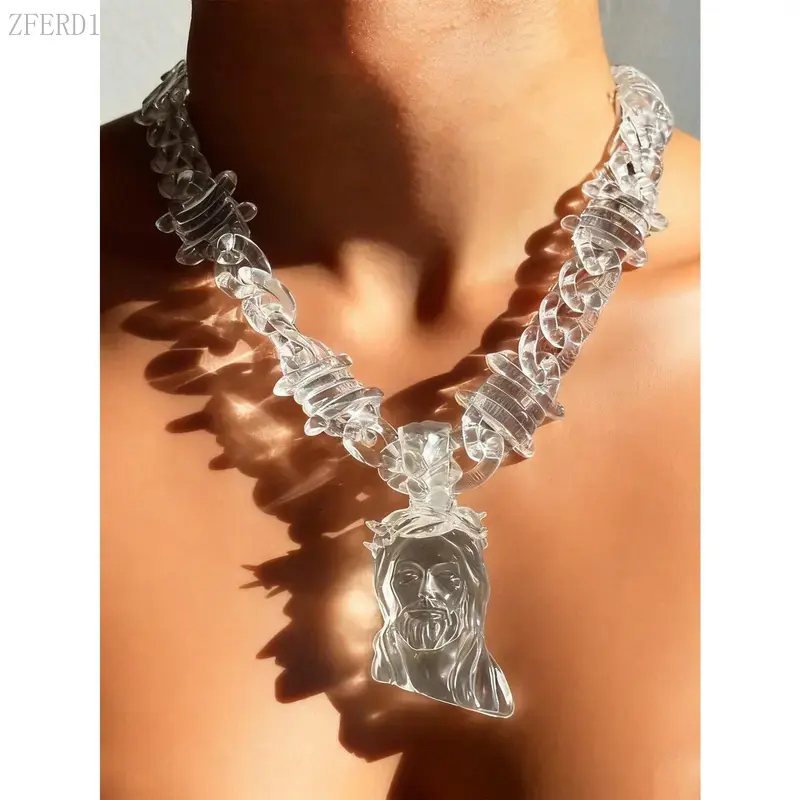 Transparent Jesus Piece Necklace Clear Resin Thorn Cuban Chain Hip Hop Streetwear Jewelry