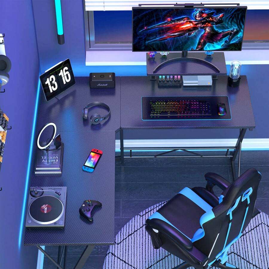 L-Shaped Corner Gaming Computer Desk 51 Inch, Carbon Fiber Surface Desk with Large Monitor Stand, Space-Saving Black Corner Table Ideal for Holiday Gifts