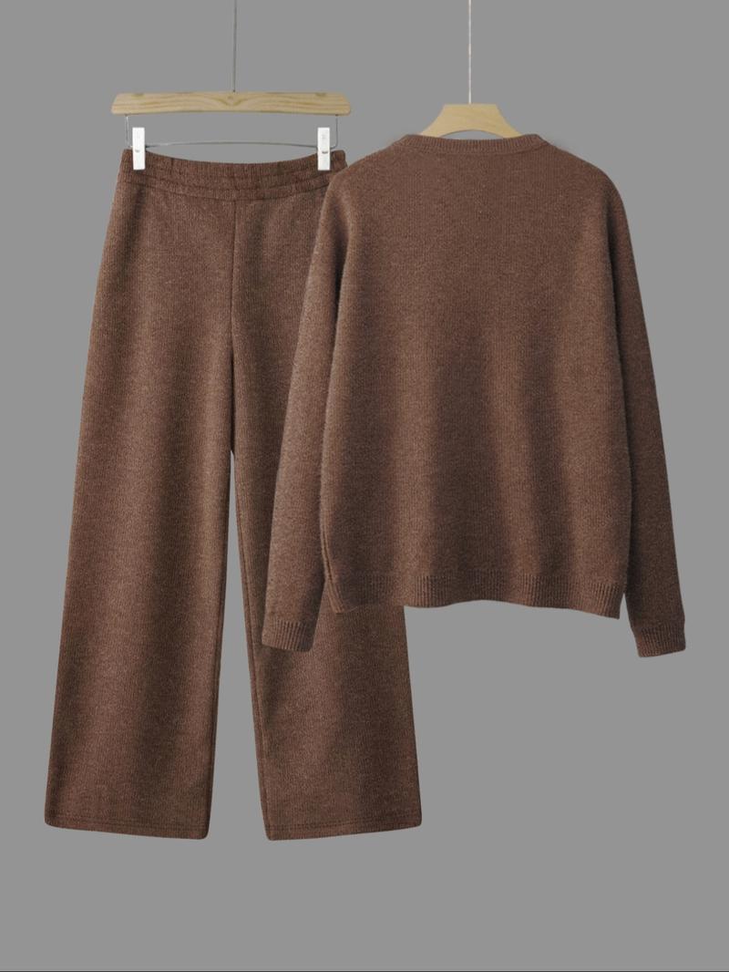 Women's Fall Winter Sweater Set, Thick Knit Long Sleeve Top & High Waist Straight Leg Pants, Casual Fashion Two-Piece Outfit