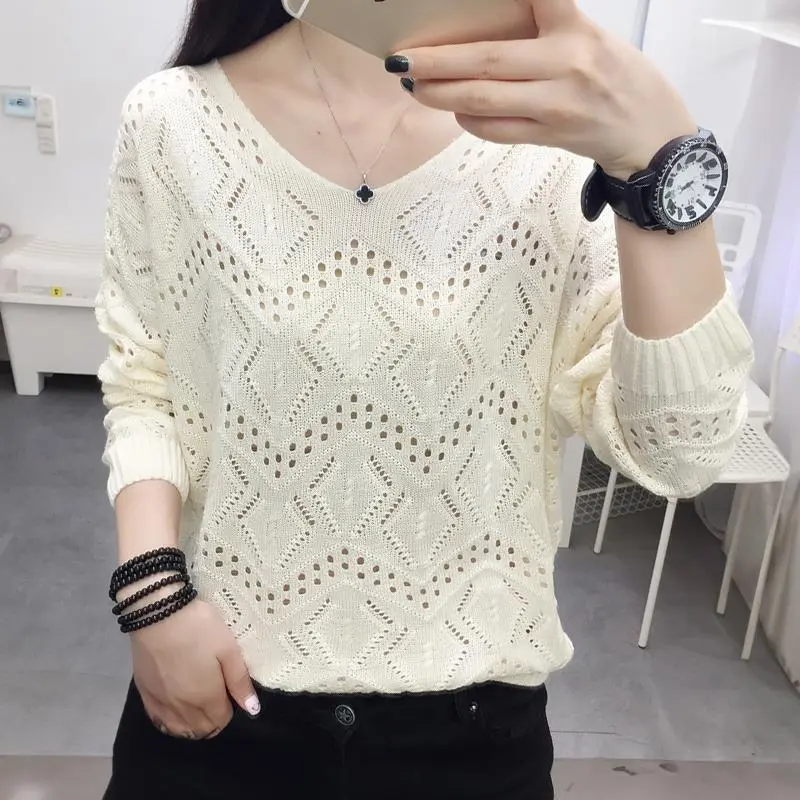 Pointelle Knit Top Long Sleeve Cropped Plain Pullover Women Jumper Knitwear Spring Summer Basic Outfit