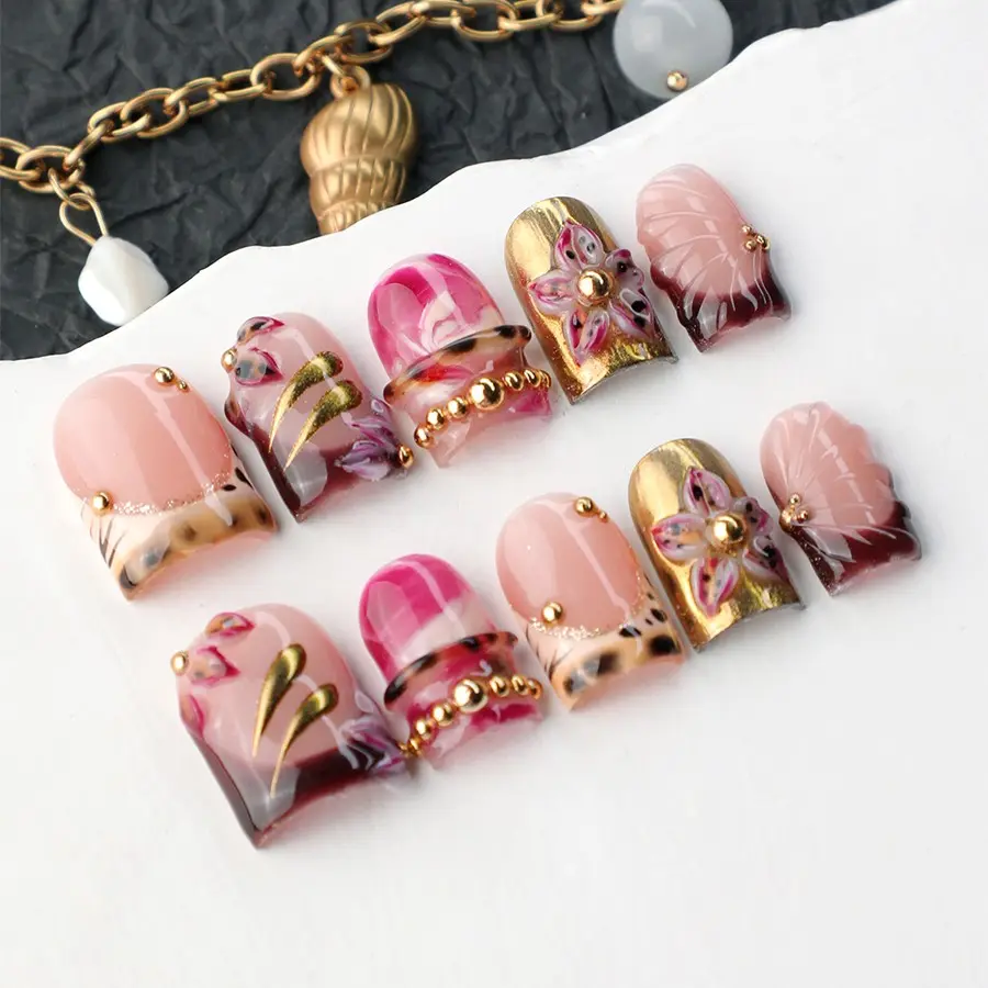 10pcs Handmade Press-On Nails, Acrylic Gel Nail Tips, 3D Flower Leopard Gold Design, Reusable, Removable False Nails, Includes Manicure Kit, Y2K Style, Perfect for Parties