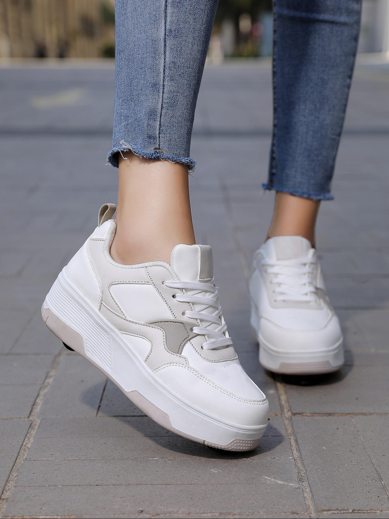 Unisex Button-Operated Four-Wheel Roller Skates, PU Leather Lightweight Durable Dual-Roller Invisible Skate Shoes, All Seasons, Shoes With Wheels