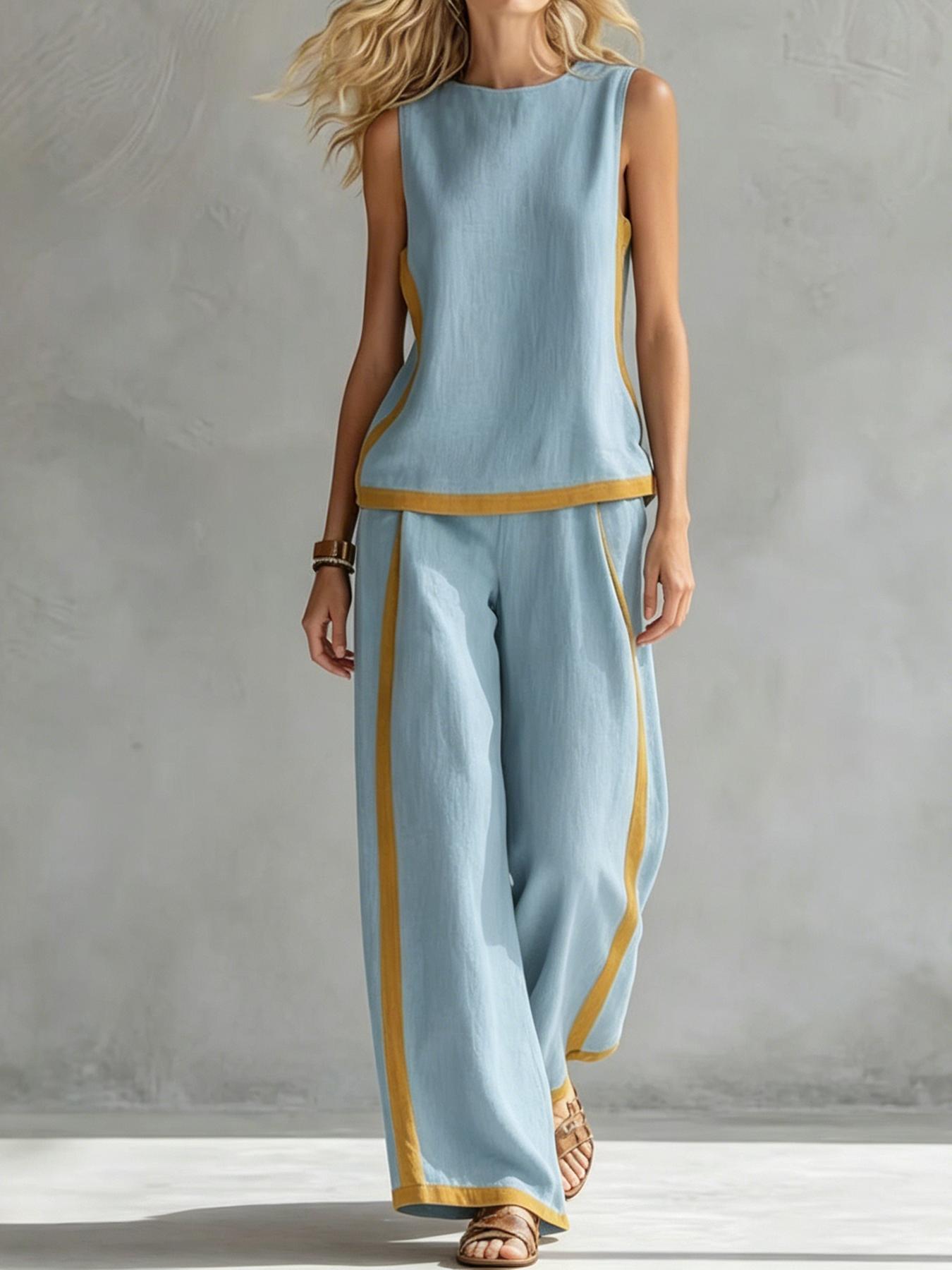 Women's Casual Loose color blocked sleeveless wide leg two-piece set, Colorblock casual set, with breathable surface suitable for commuting, daily wear. Multiple colors available