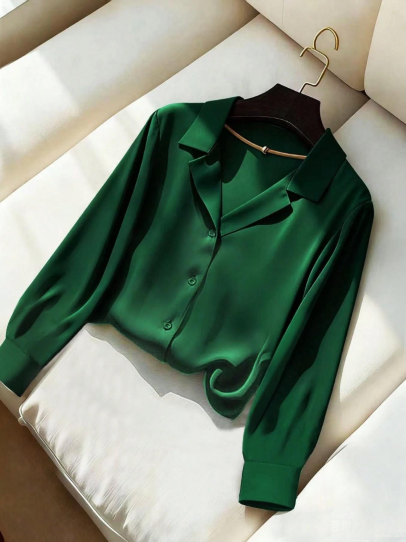 Women's Suit Collar Solid Color Long Sleeve Shirt, Elegant Casual Blouse for Daily Wear, Stylish Ladies' Top for Office and Party