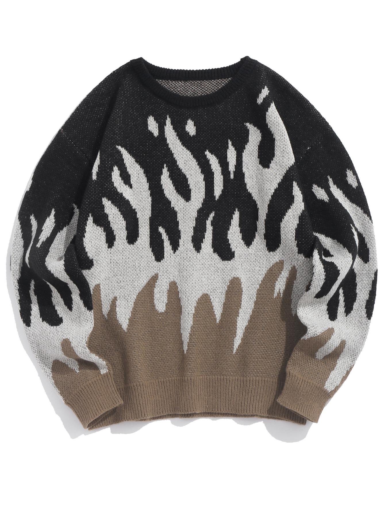 ZAFUL Men's Fall Winter Flame Pattern High Stretch Crew Neck Long Sleeve Sweater Ribbed Sweater Tops, Casual Loose Fit Knitwear for Men, Comfortable Daily Wear