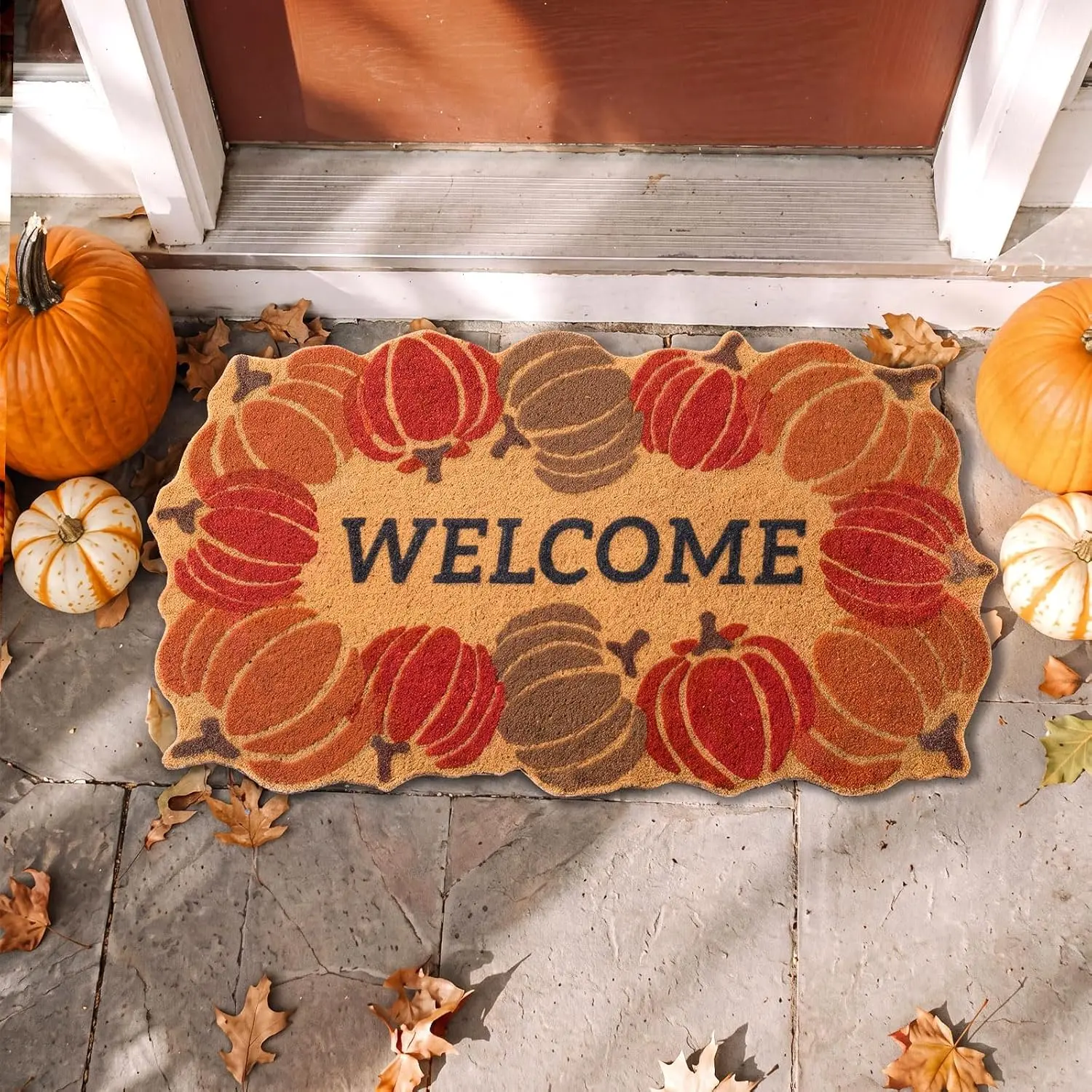 Fall Welcome Coir Fiber Doormat, 30x18 in Pumpkin Themed Autumn Rug with Non-Slip Backing, Front Porch Decor for Front Door Entryway Home