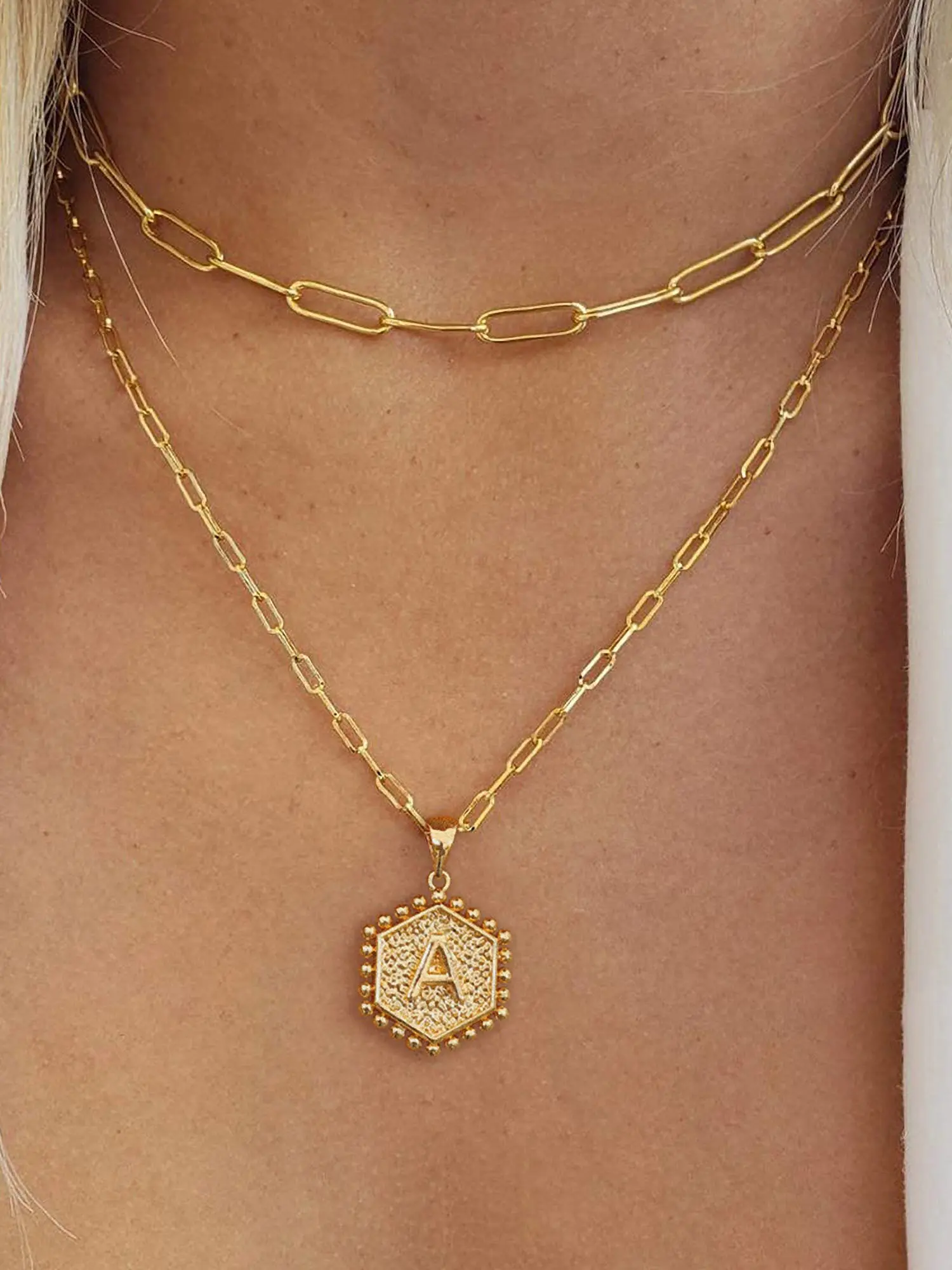 Women Personalized Double-Layer Paperclip Chain Necklace, Hexagon Initial Letter Pendant, Stackable Dainty Necklaces, Fashion Jewelry Gift