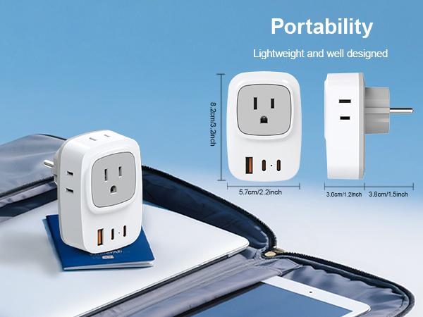 Germany France Power Adapter with 2 USB C, 4 AC Outlets. EU Plug Adapter for US to Europe, Korea, Iceland, Greece, Spain.