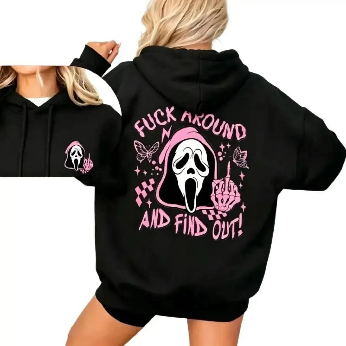 [graphic Hoodie]Scream Skeleton Spooky Fck Around And Find Out Sweatshirt, 2 Side Halloween Ghost Face Hoodie
