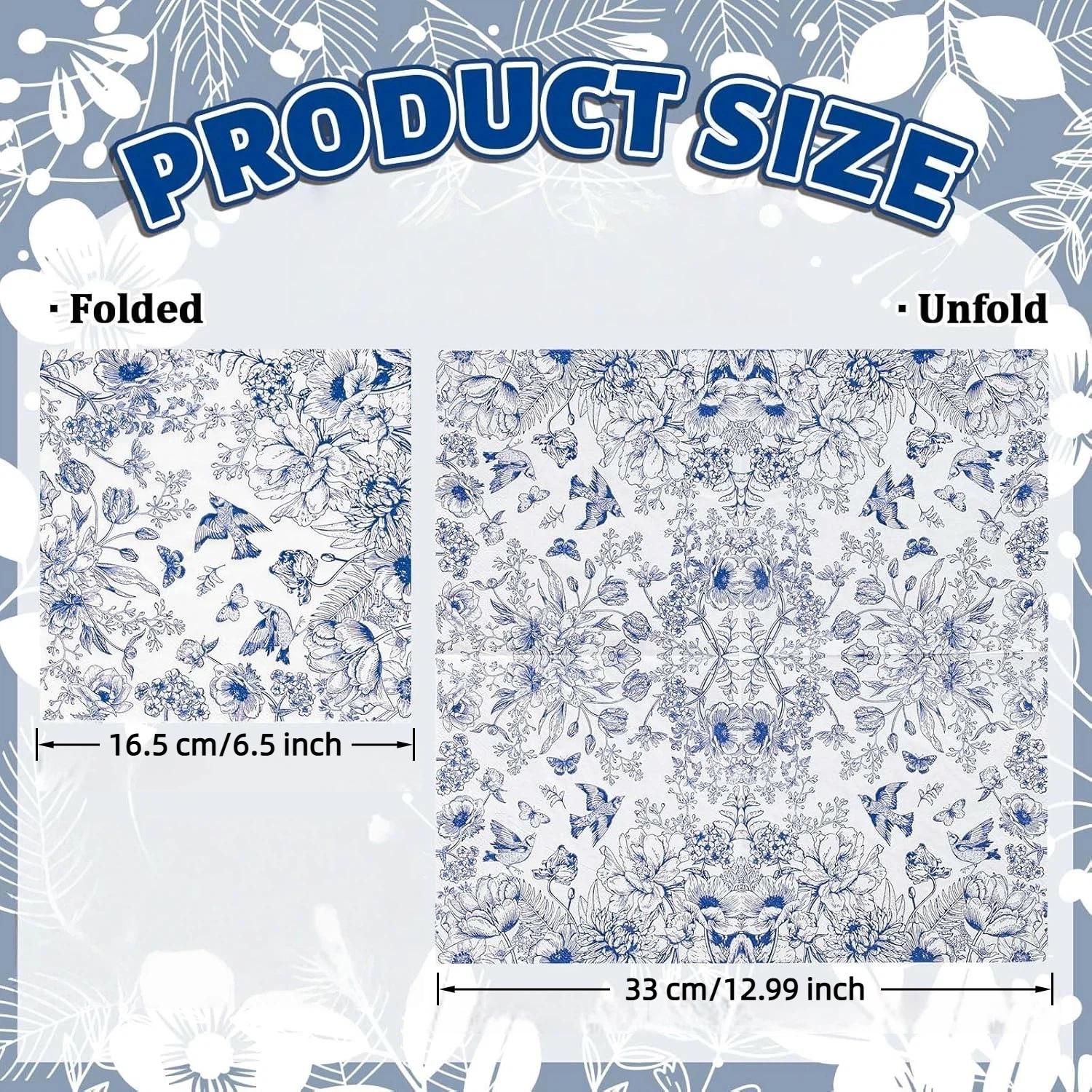 Blue Floral Bird Pattern Napkins, 2 Packs (20 Sheets/pack), Traditional Style Disposable Napkins for Wedding Party Decorations