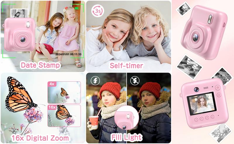 CAMKORY Kids Digital Camera, Dual-Lens Instant Print Camera, 48MP Selfie Camcorder with Lanyard | 4 Rolls Print Paper | 32GB Card | Safe & Eco-Friendly Design | Perfect Birthday Christmas Toddler Toy Camera for Kids Ages 4-10, Boys & Girls Pink
