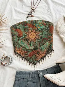 Women's Boho Sunprint Tank Top, Fitted All-Over Print, Short Sleeve, Without Button or Collar, Ideal for Summer & Casual Wear, Womenswear Bohemian