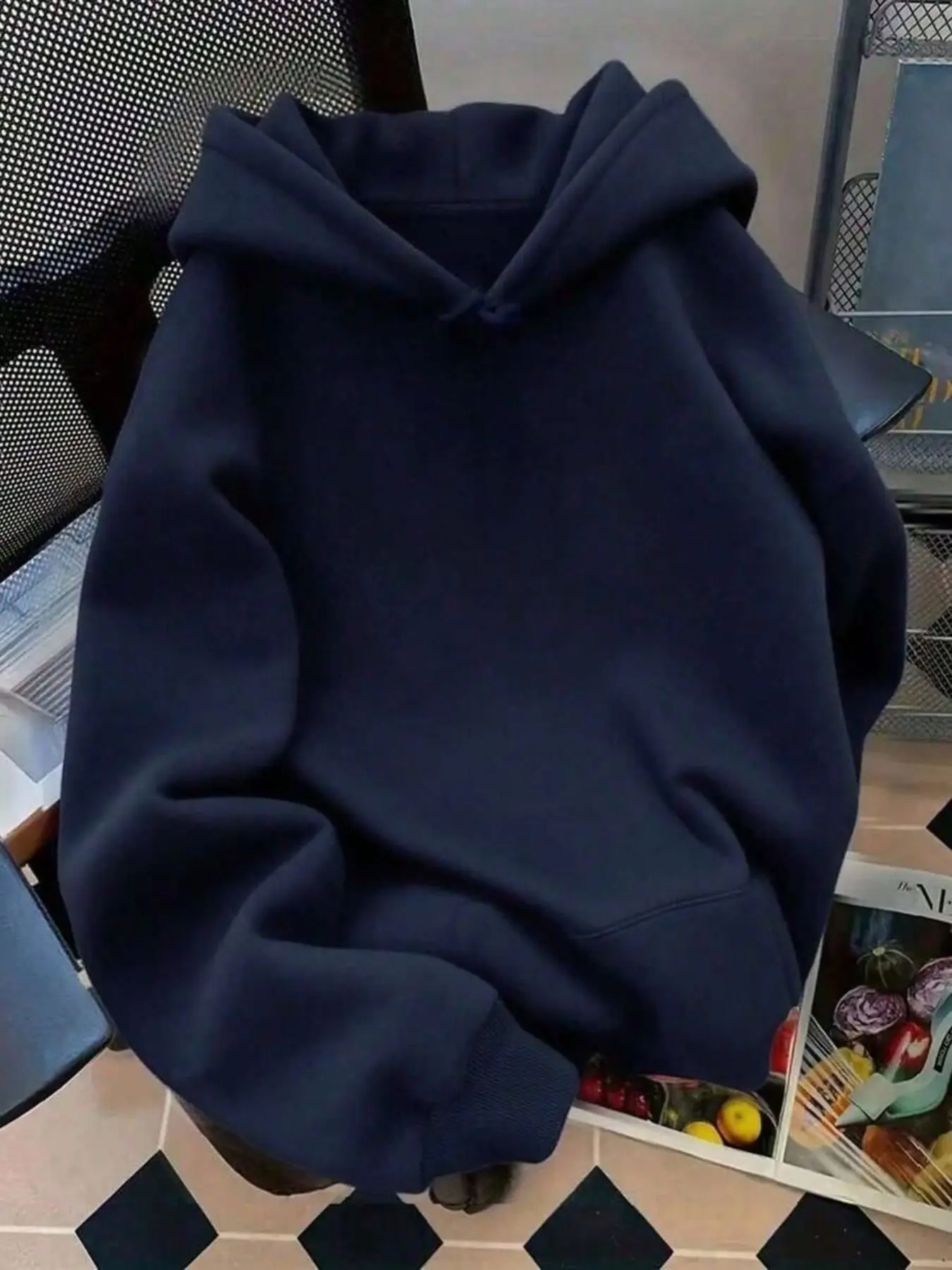 Women's Simple Solid Navy Pullover Hoodie, Lazy Style Loose Long Sleeve Casual Top, Winter Fashion Sweatshirt for Women