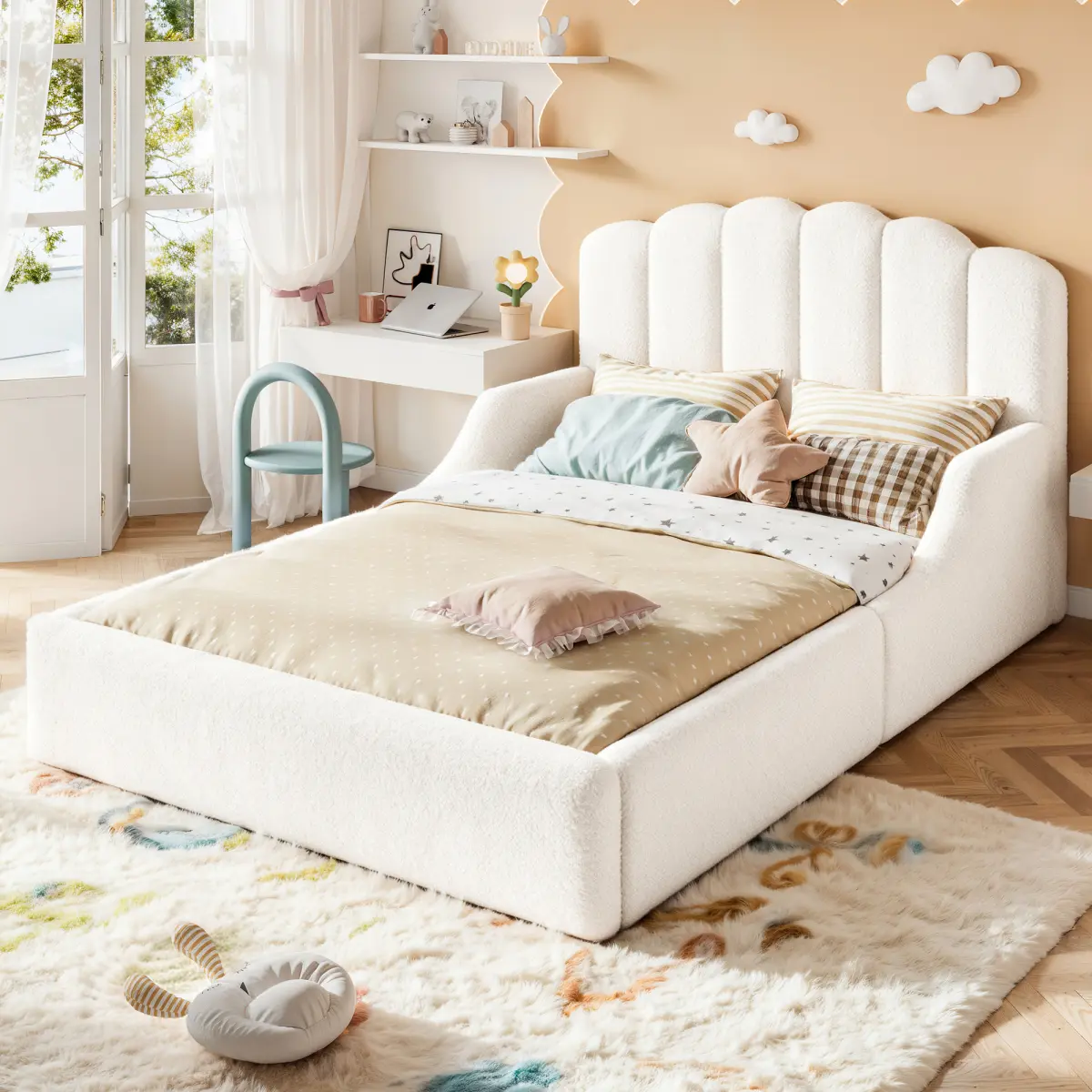 Full/Twin/Queen Teddy Fabric Upholstered Floor Bed, Low Profile Bed Frame with Scalloped Headboard, Full Surround Padded Frame, Sturdy Slat Support, No Box Spring Needed for Bedroom White/Beige