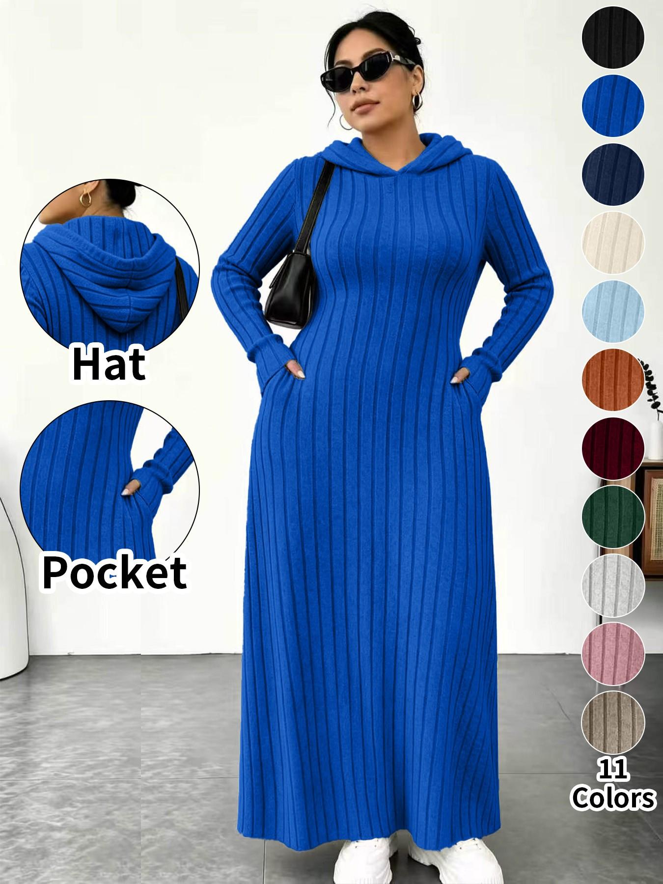 Plus Size Women's Long Knit Dress, 11 Colors Available, Slim Fit with Pockets, Micro Plus Size Slimming Hooded Top, Long Sleeve Base Layer