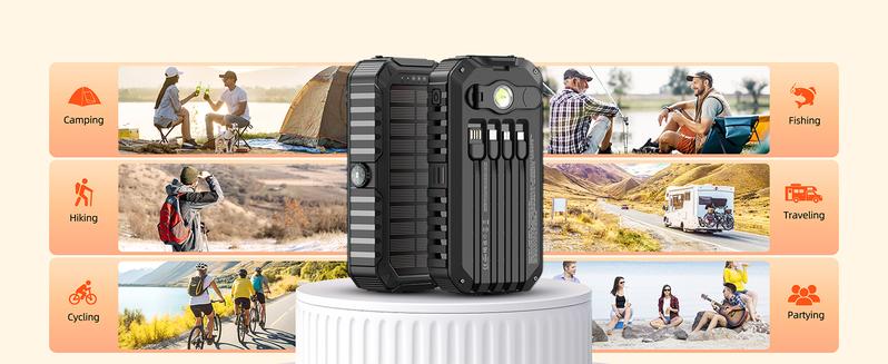 Solar Charger Power Bank 40000mAh Built in 4 Cables and Hand Crank, Portable Charger 22.5W Fast Charger 6 Outputs & 4 Inputs External Battery Pack with Bright Flashlight and Compass