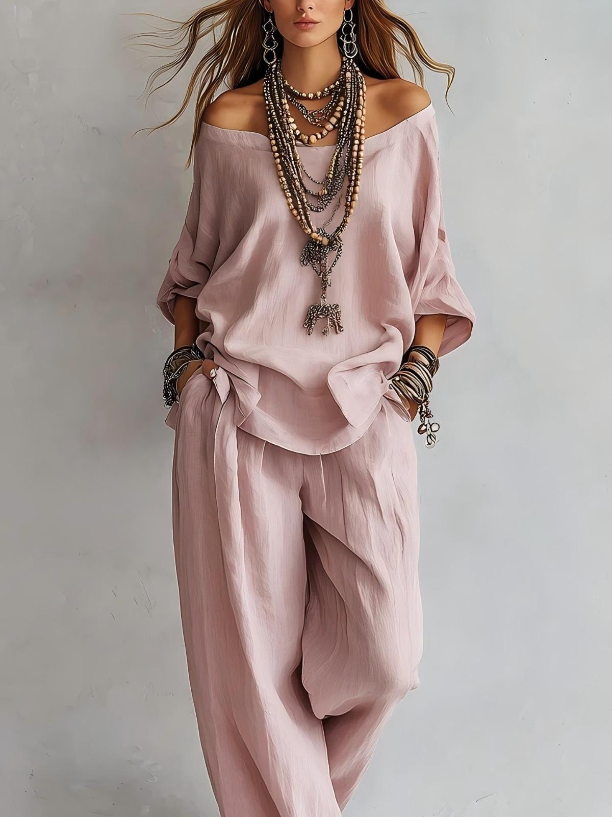 Women's Summer Solid 3/4 Sleeve Tops & Wide Leg Pants Set, Casual Loose Simple Fashion Outfit, Daily Holiday Travel Two Piece Set Women's Summer Solid 3/4 Sleeve Tops & Wide Leg Pants Set, Casual Loose Simple Fashion Outfit, Daily Holiday Travel Two Piece Set