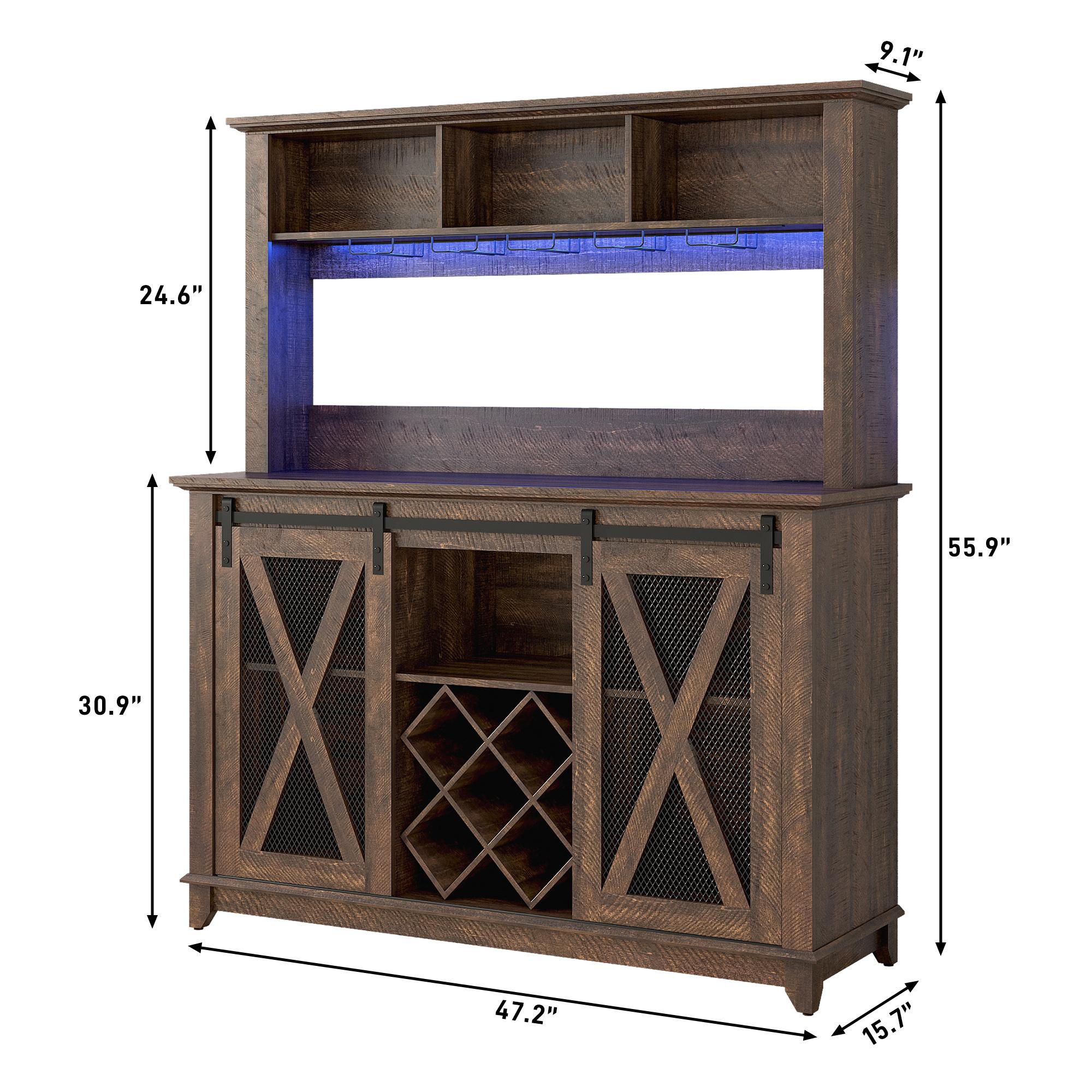 63"W/47"W/31.5"W Farmhouse Coffee Bar Cabinet with LED Light,Wine Bar Cabinet w/ Tier Storage Hutch,Kitchen Buffet Cabinet w/Sliding Barn Door & Wine and Glass Racks for Kitchen Dining Room(Brown/Antique White/Dark Rustic Oak)