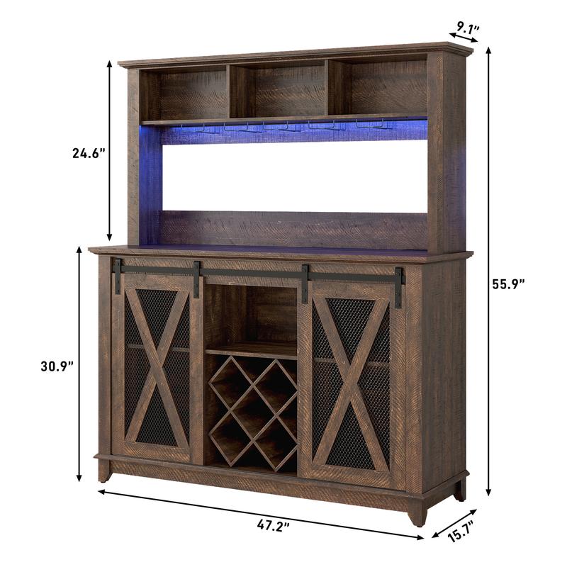 63"W/47"W/31.5"W Farmhouse Coffee Bar Cabinet with LED Light,Wine Bar Cabinet w/ Tier Storage Hutch,Kitchen Buffet Cabinet w/Sliding Barn Door & Wine and Glass Racks for Kitchen Dining Room(Brown/Antique White/Dark Rustic Oak)