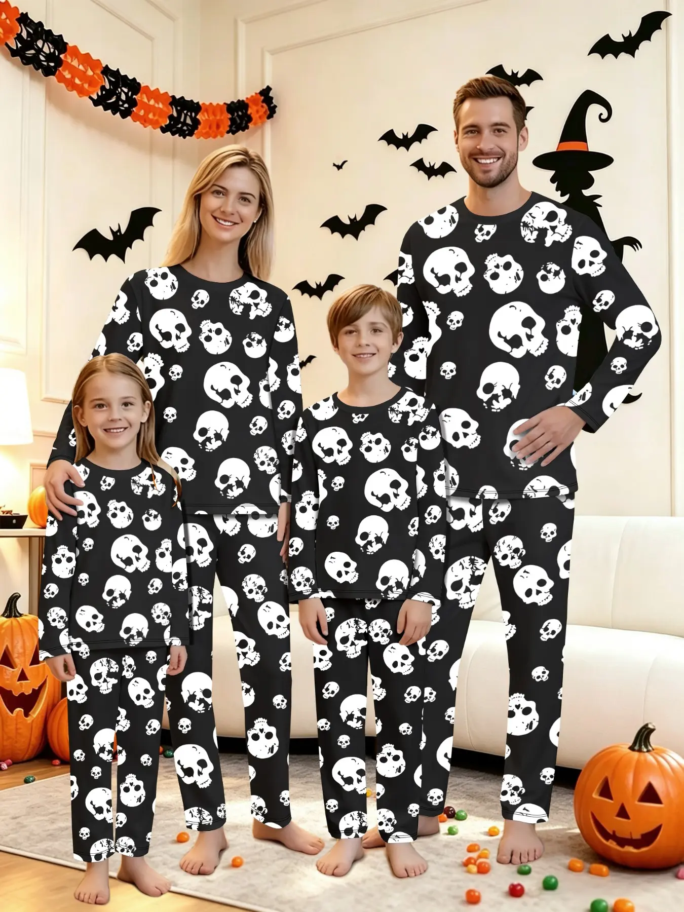 Family Halloween Pajama Set, 2-Piece Skull Print Sleepwear for Men Women Kids, Loose-Fitting Casual All-Seasons Home