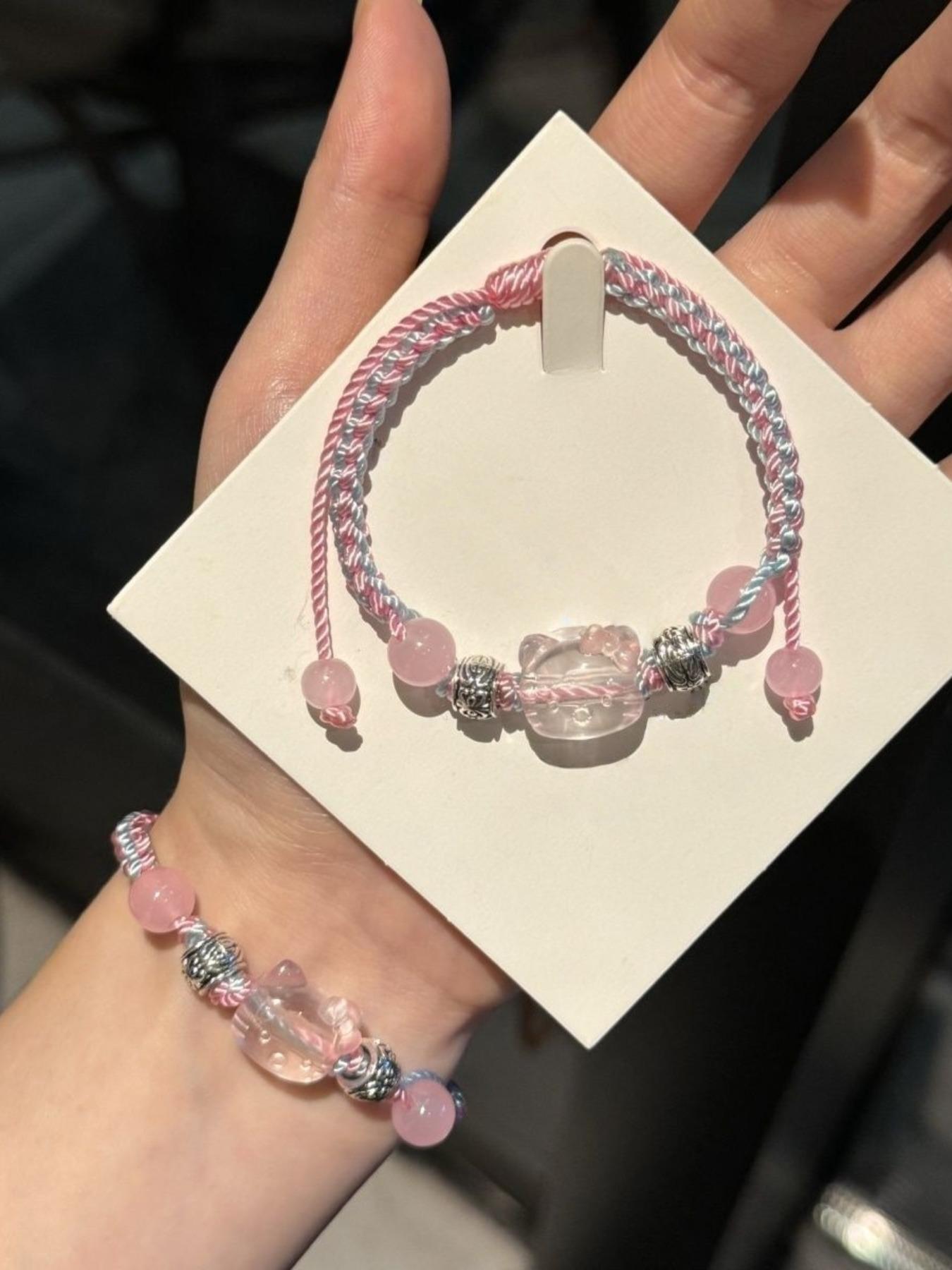 Hellokitty Handmade Blue Wristband Bracelet, Cute Student Bff Gift, Unique Cat Accessory, Perfect for Friends