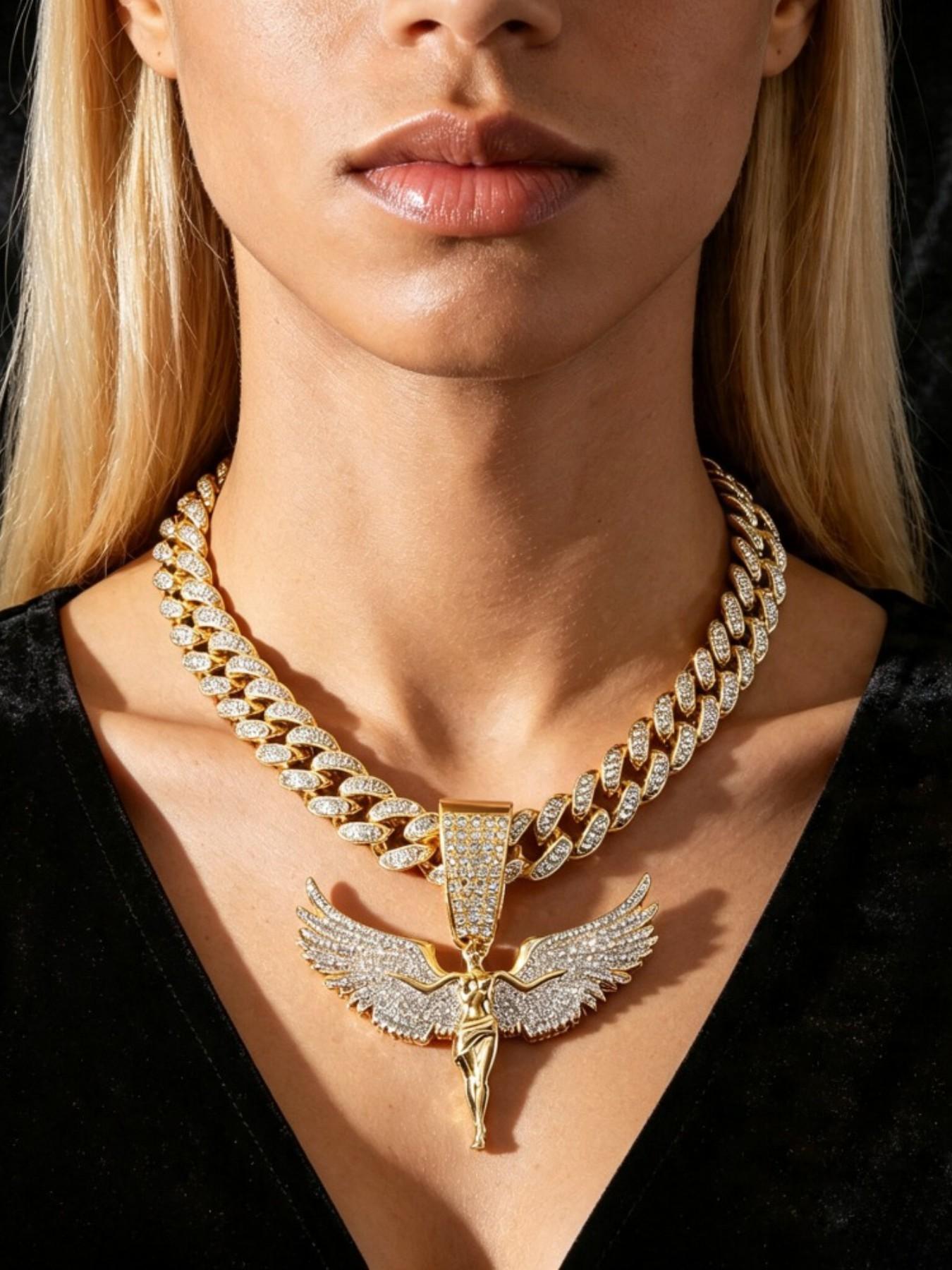 American Rap Style Large Wing Angel Pendant, Full Diamond Wide Cuban Chain, Cuban Link Design, Unique Men's Bling Necklace, Fashion Jewelry Accessory