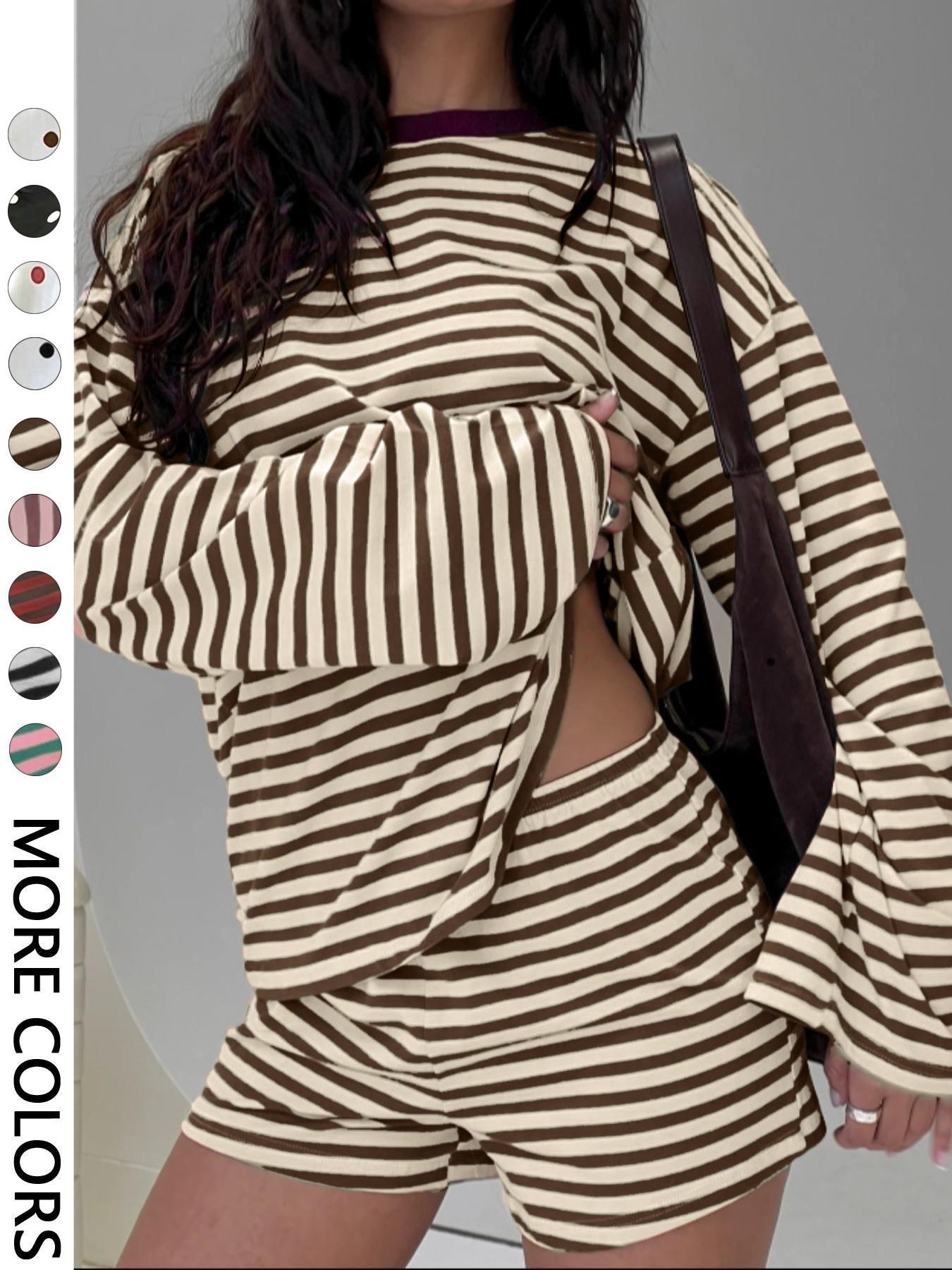 Valentine's Day Women's Casual Striped Long Sleeve Top & Shorts Set, Summer Matching Set, Loose Fit, All Season, Comfortable Travel Clothing for Daily Wear