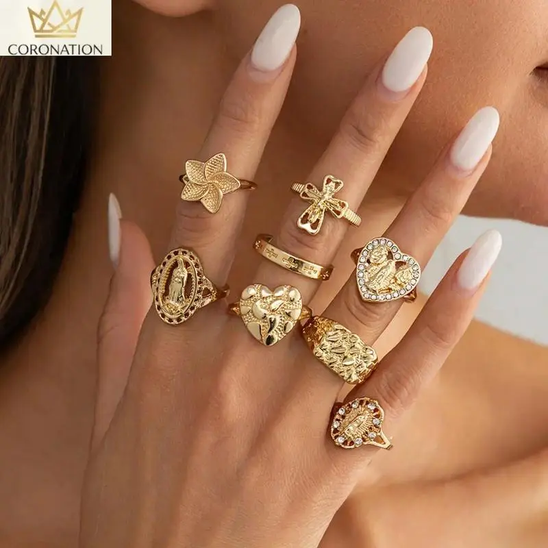Women's 8 Pcs Vintage Gold Unique Rings Set, Adjustable Unisex Cross Virgin Mary Heart Paved Finger Matching Rings, Fashion Stackable Band Jewelry, Daily Wear Sports Outdoor Accessory Gifts