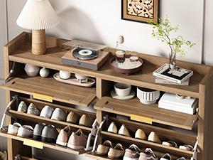 PieDle Furniture Oversized Rattan Shoe Storage Cabinet with 4 Flip Drawers & 2 Drawers – Hidden Slim Shoe Organizer for Entryway, Large Tabletop Space, Farmhouse Boho Narrow Shoe Rack