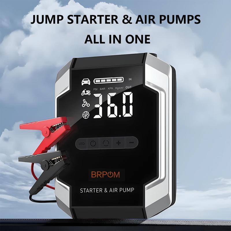 BRPOM [5 in 1] 8500A Portable Car JumpStarter with Air Compressor(ALL Gas, 10.0L Diesel) WithTire Inflator, 12V Car Battery JumpPower Fast charging With LED Light Jump starter