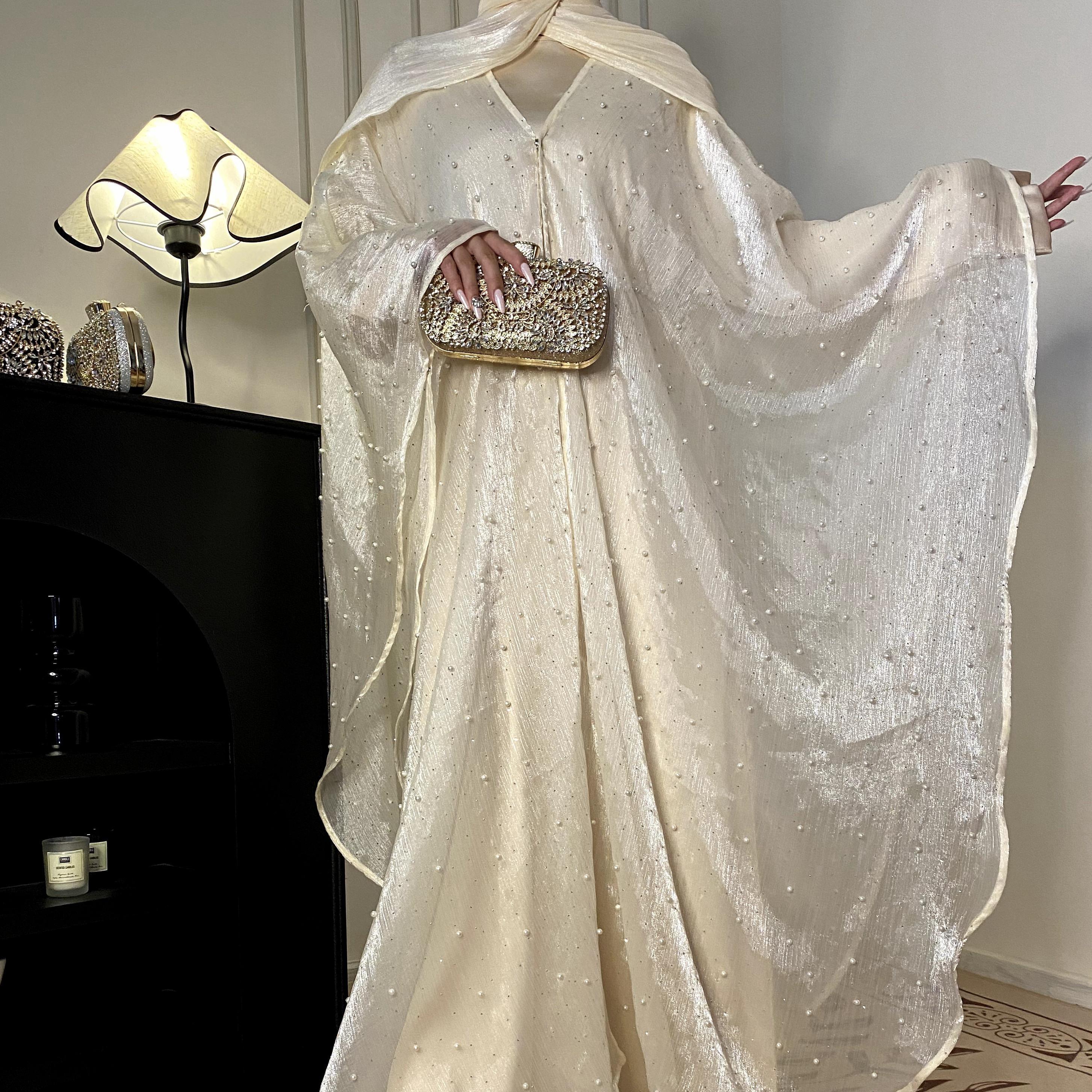 CL01 Starlight sparkling pearl abaya, two piece suit, abaya cardigan, bottoming dress Modest Beige Women Chiffon Chic【Fashionweek】 Modern