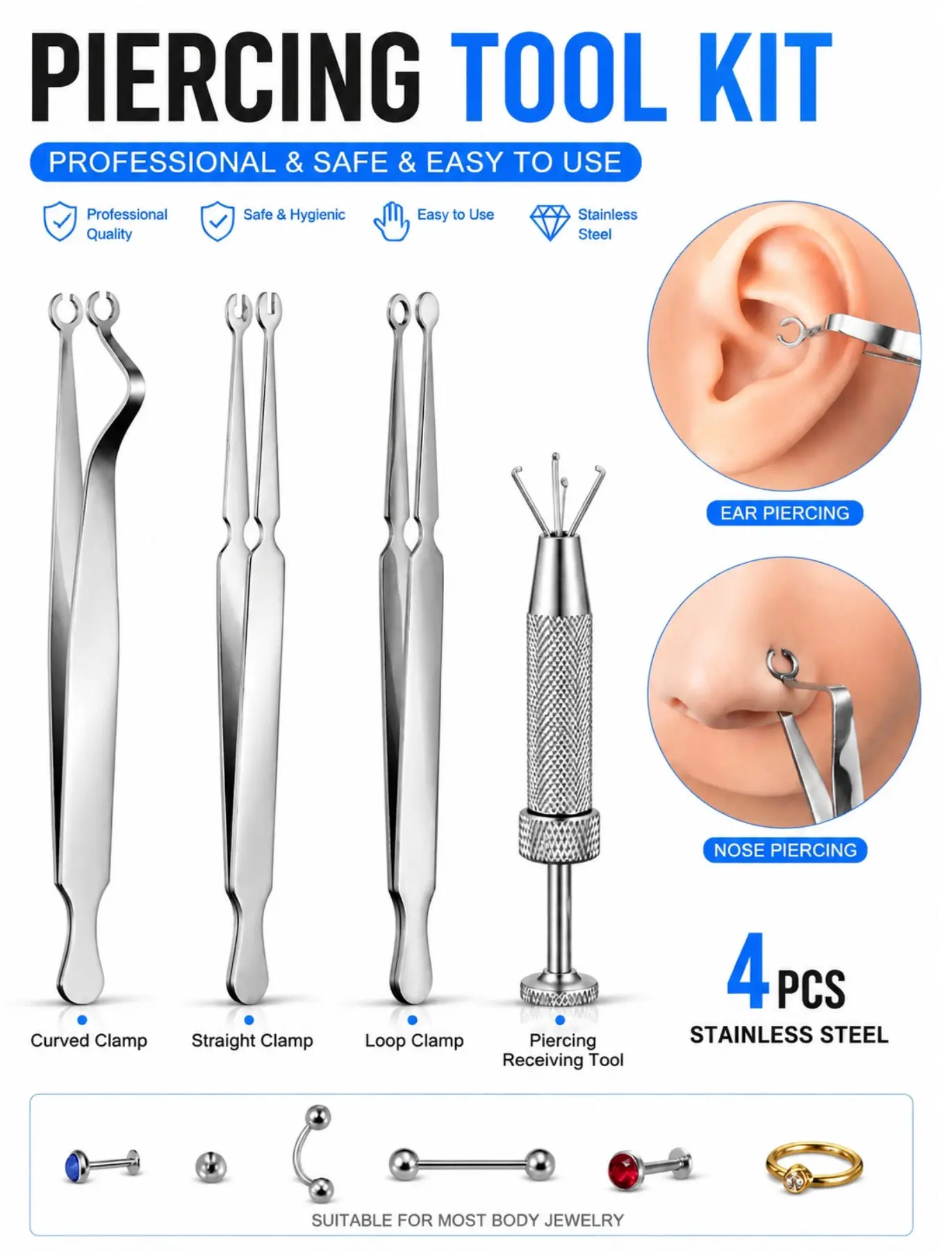 Stainless Steel Piercing Jewelry Tool Kit – Bead & Ball Grabber, Ring Opening Pliers and Precision Tweezers for Nose Rings, Earrings, Lip & Body Jewelry Repair and Changing