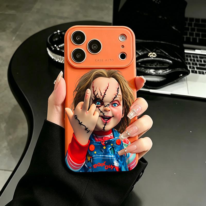 Chucky Creepy Gesture Pattern Liquid Casing for iPhone 17, 16, 15, 14, 13, 12, 11 (Pro, ProMax, Plus) - Large Window, Skin-Touch Border, Shock-Absorbing, Camera Protection for Smartphone, Cellphone, Handheld Devices, Protector