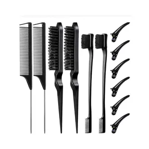 12 Pieces Hair Brush Set, Nylon Teasing Hair Brushes 3 Row Salon Teasing Brush, Rat Tail Combs with Duckbill Clips for Women(black)