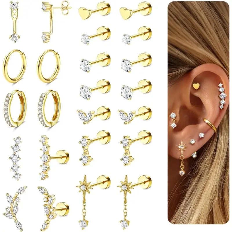 12-Pairs Hypoallergenic Flat Back Earrings-Cartilage Earrings Shiny ...