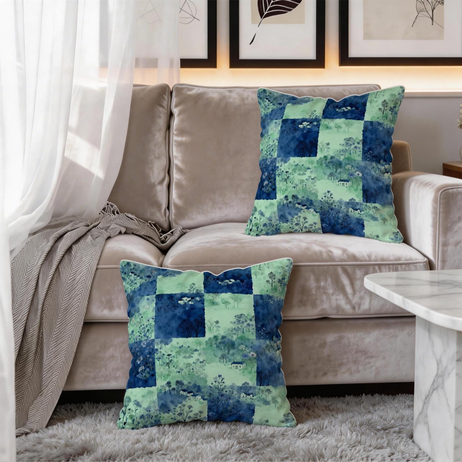 1 Piece Watercolor Landscape Checkered Throw Pillow, HD Digital Printed Cushion, Soft Cozy Accent Pillow for Sofa, Chair and Bedroom Decor with Invisible Zipper, Non-Fading