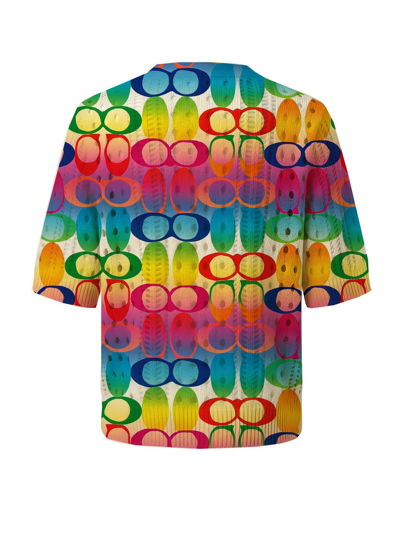 Elegant Women's Vibrant Colorblock Geometric Print Short Sleeve Knit Cardigan Button, Casual Breathable Top, Hollow Out Design, Beach Vacation Wear