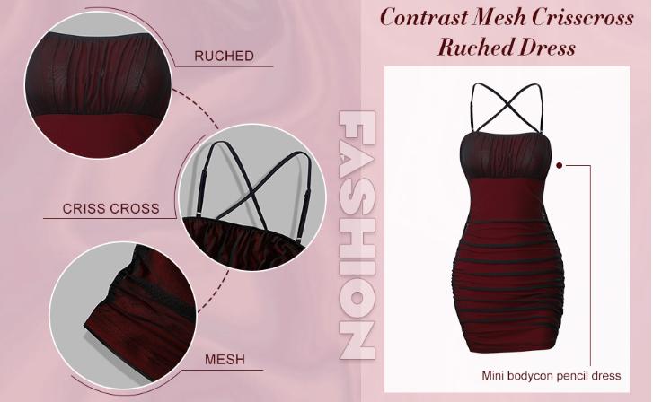 Spring Mesh Ruched Spaghetti Strap Criss Cross Backless Mini Bodycon Cami Dress