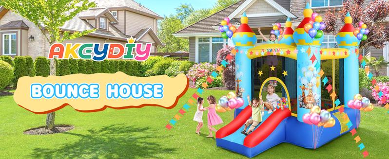 AKEYDIY Bounce House, Outdoor Indoor Fun Bouncy House with Blower, Tropical Jungle Animals Party Bouncer Slide & Jumping Area, Ball Toss Game, Backyard Inflatable Bounce House Gift for Kids 4-8