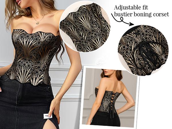 JASGOOD Corset Top for Women Sexy Textured Sheer Floral Lace Bustier Cincher Lace-up Corset Halloween Overbust Top