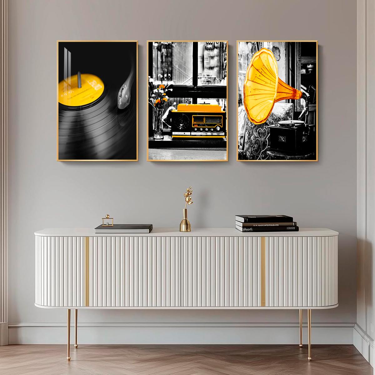 3 Counts Aluminum Alloy Framed Painting, Retro Vinyl Record Radio And Gramophone Pictures, Home Decoration For Living Room, Bedroom, Office, Restaurant, Hallway Wall Decor, Odorless Print Artwork, Luxury Perfect Gift For Friends And Family